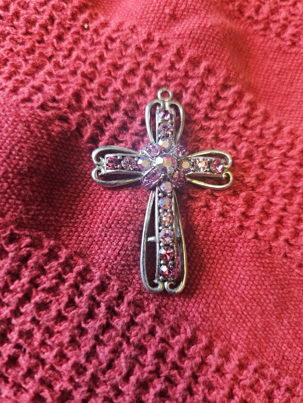 Silver Cross Pendant With Pink Stones